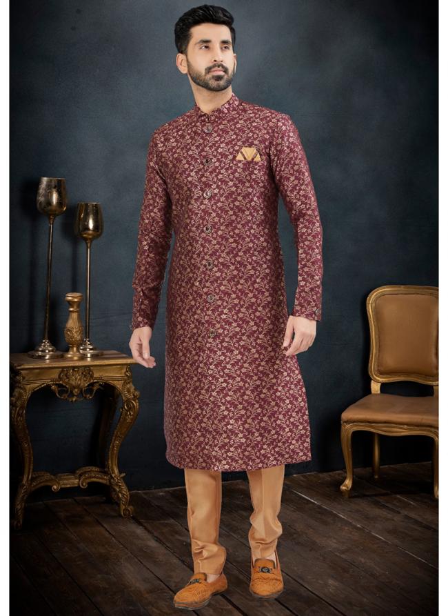 Banarasi Silk Wine Traditional Wear Weaving Kurta Pajama